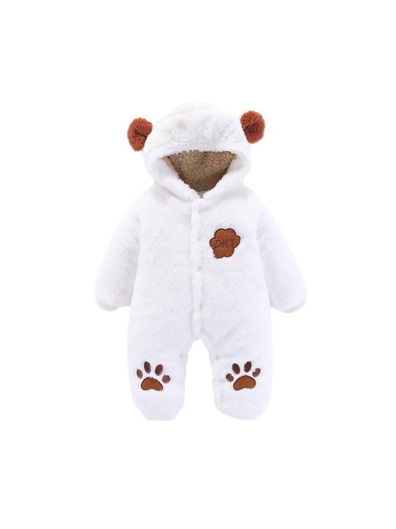 Baby Bodysuit Long Sleeve Newborn Baby Winter Girls Boys Clothes Warm Ears Bear Claw Overall Rompers Hooded Jumpsuit,White