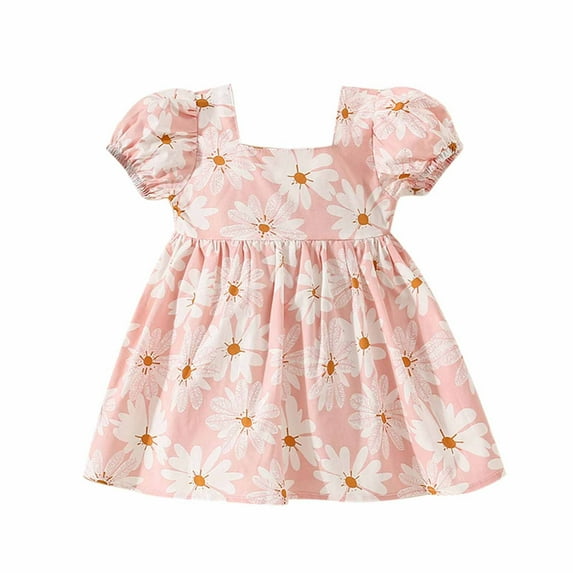 IROINNID Baby Girl's Short Puff Sleeve Sundress Floral Print Strapless Round Neck A-line Dress 6M-3Y with Waist Bowknot