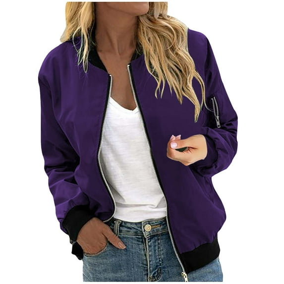 IROINNID Baseball Jacket for Women Casual Zipper Closure Solid Daily Wear Plain Style Jacket with Pocket,Blue
