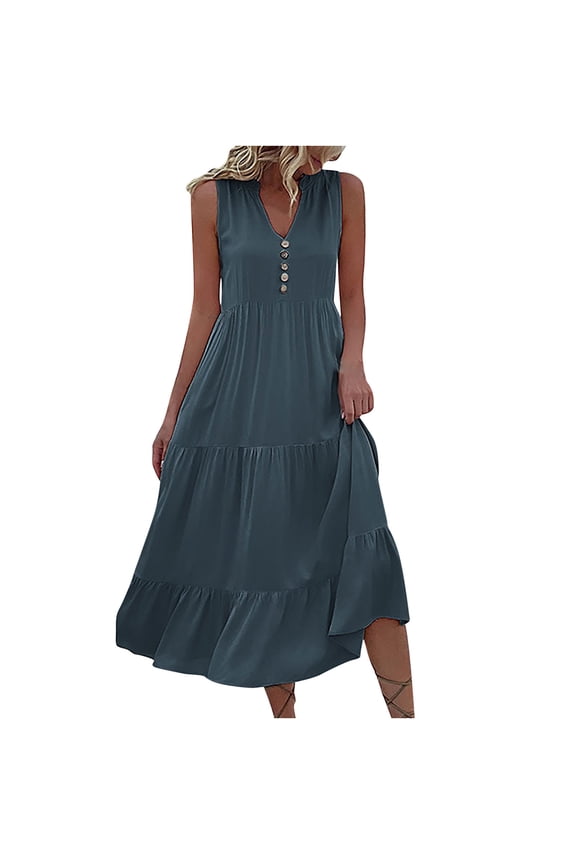 Below The Knee Dress For Women Solid Color Fashion Spring, Summer And Autumn Casual One-shoulder Dress Sleeveless V-Neck A-Line Dress