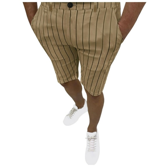 IROINNID Bermuda Shorts for Men Stripe Five-point Pants Suit Shorts Have Pockets Button Pants,Khaki