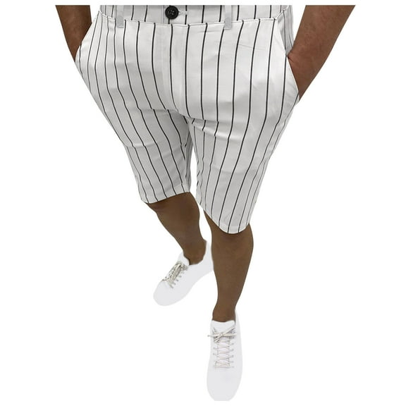 IROINNID Bermuda Shorts for Men Stripe Five-point Pants Suit Shorts Have Pockets Button Pants,White