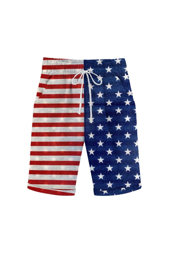 Bermuda Shorts for Women Summer Independence Day Printed Elastic Waist With Drawstring Five Points Pants,Blue