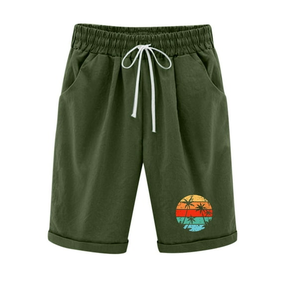 IROINNID Bermuda Shorts for Women Summer Print Five Points Large Size Cotton Linen Pants Pants,Olive Green