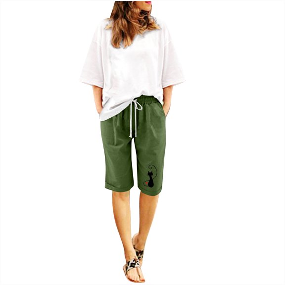 IROINNID Bermuda Shorts for Women Summer Printed Five Points Large Size Cotton Linen Pants Pants Shorts,Olive Green