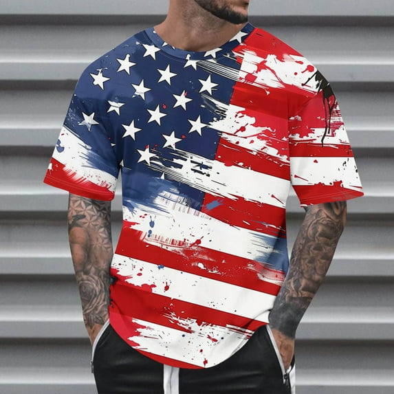 IROINNID Big and Tall Men T Shirts,Indenpence Day Lightweight Thin Basic Round Neck Comfortable Blouses for Men