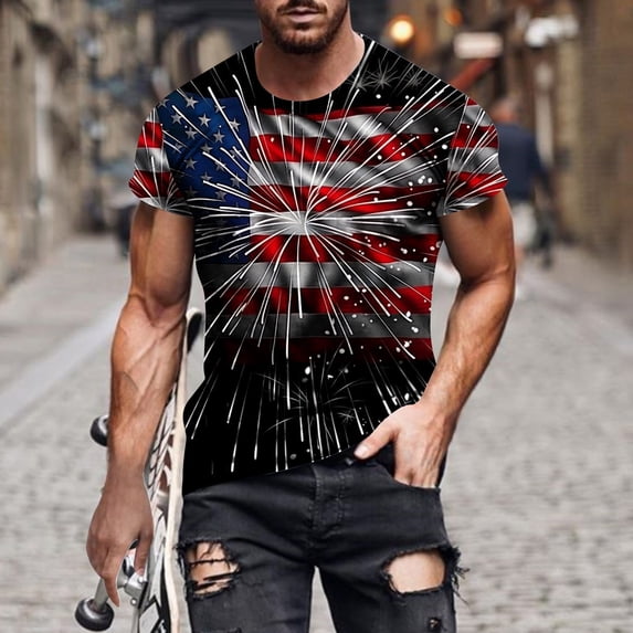 IROINNID Big and Tall Men T Shirts, Indenpence Day Lightweight Thin Basic Round Neck Festive Printed Blouses for Men