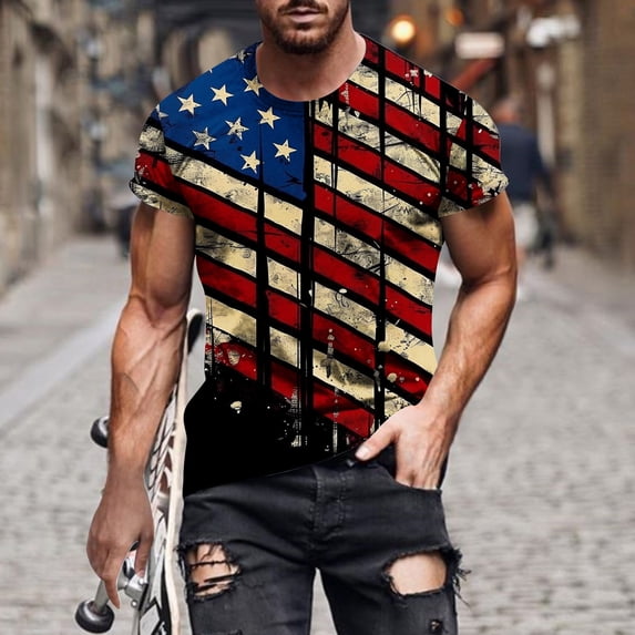 IROINNID Big and Tall Men T Shirts,Indenpence Day Lightweight Thin Basic Round Neck Printed Comfortable Blouses for Men