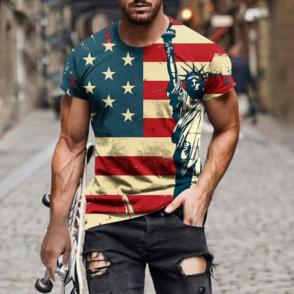 IROINNID Big and Tall Men T Shirts,Indenpence Day Lightweight Thin Basic Round Neck Printed Comfortable Blouses for Men