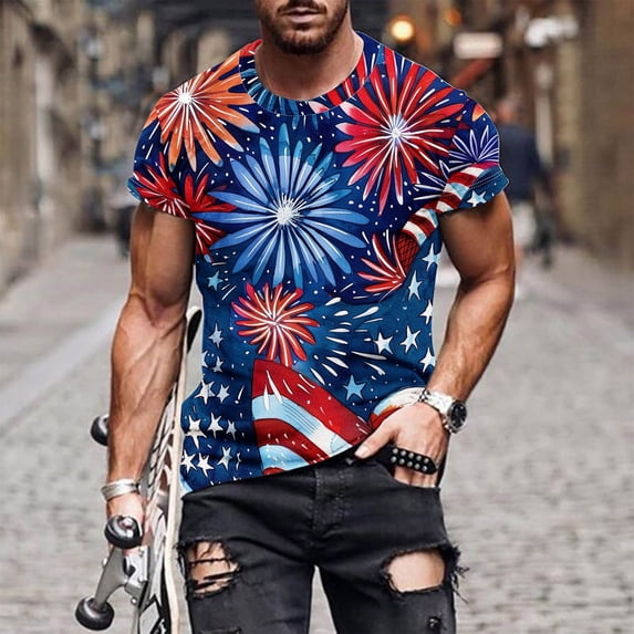IROINNID Big and Tall Men's T Shirts,Indenpence Day Lightweight Thin Basic Round Neck Casual Blouses for Men