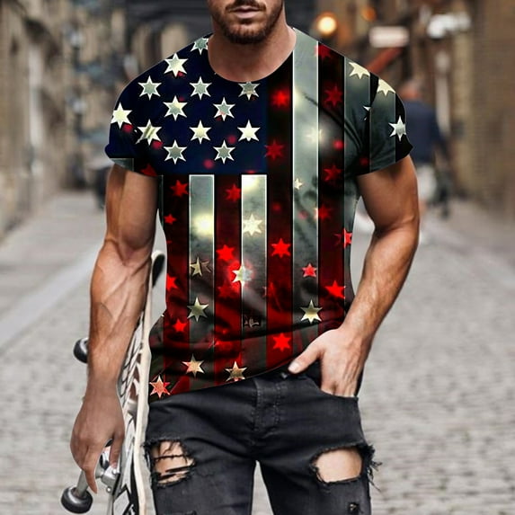 IROINNID Big and Tall T Shirts for Men, Imdenpence Day Lightweight Thin Basic Round Neck Printed Casual Blouses for Men