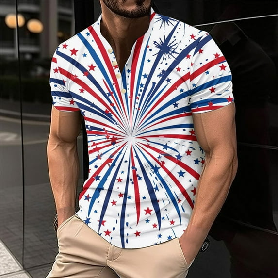 IROINNID Big and Tall T Shirts for Men, Indenpence Day Lightweight Thin Basic V-Neck Botton Festive Printed Summer Blouses for Men
