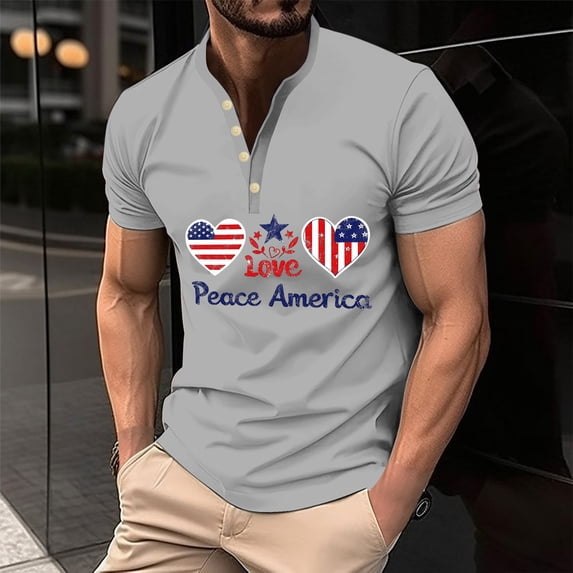 IROINNID Big and Tall T Shirts for Men, Indenpence Day Lightweight Thin Basic V-Neck Botton Festive Printed Summer Blouses for Men