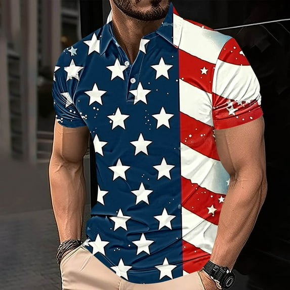 IROINNID Big and Tall T Shirts for Men, Indenpence Day Lightweight Thin Basic V-Neck Botton Tops for Men
