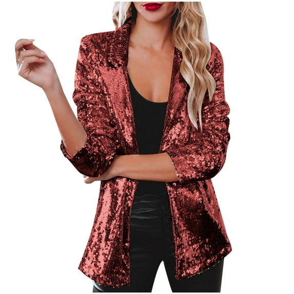 IROINNID Blazer Jacket for Women Long Sleeve Open Front Party Blazer Eye Catching Sequins Solid Stylish Jacket,Burgundy