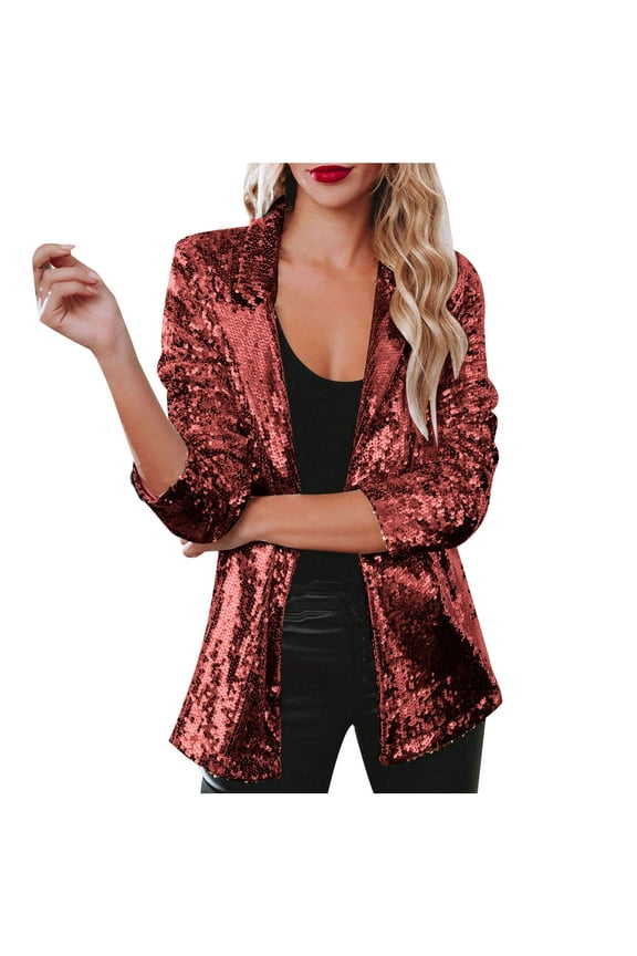 Blazer Jacket for Women Long Sleeve Open Front Party Blazer Eye Catching Sequins Solid Stylish Jacket,Burgundy