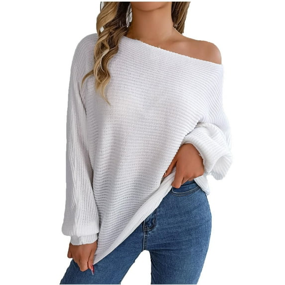 IROINNID Blouse for Women One-Shoulder Casual Solid Color Loose Sleeve Top Sweater,White