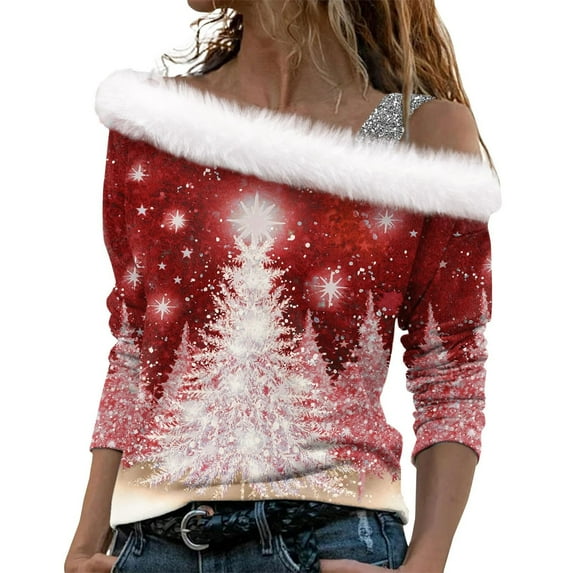 IROINNID Blouse for Women One-Shoulder Sexy Christmas Printed Plush Long Sleeve Pullover Shirt Casual Warm Tops Discount,Red