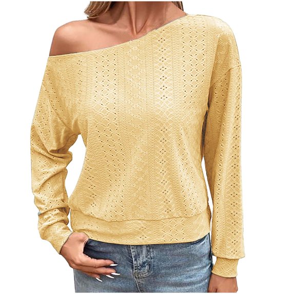 IROINNID Blouse for Women One-Shoulder Versatile Blouses Long Sleeve Basic Trendy Daily Casual Tops ,Yellow