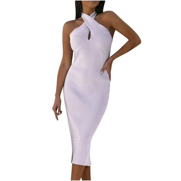 IROINNID Bodycon Dress For Women Halter Sleeveless Summer Slimming Backless Halter Neck Dresses V-Neck Solid Color Dress
