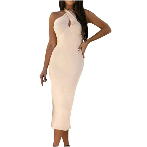 IROINNID Bodycon Dress For Women Halter Sleeveless Summer Sexy Slimming Backless Halter Neck Dresses V-Neck Solid Color Dress
