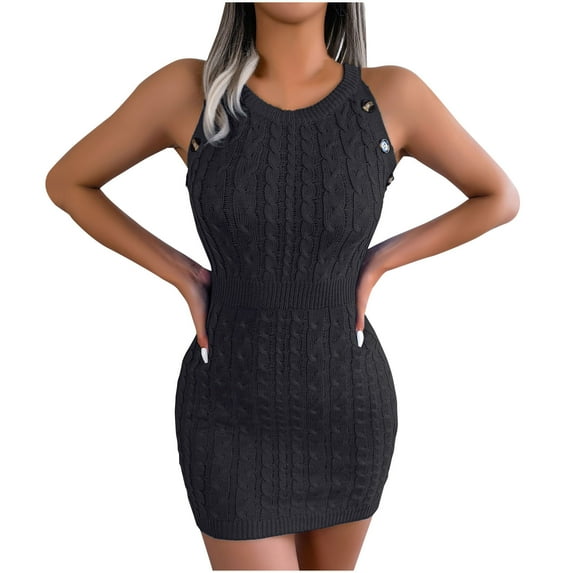 IROINNID Bodycon Dress For Women Sleeveless Round Neckline Casual Button Waist Retraction Dress Strapless Solid Color Dress