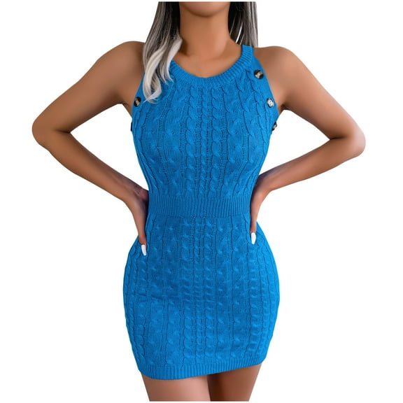 IROINNID Bodycon Dress For Women Sleeveless Round Neckline Casual Button Waist Retraction Dress Strapless Solid Color Dress
