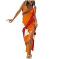 thumbnail image 1 of IROINNID Bodycon Dress For Women Summer Sleeveless Full Length Dress Printed Ribbed Drawstring Ruched High Split Dresses, Orange, 1 of 4