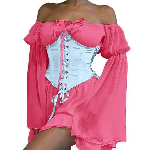 IROINNID Bodycon Dress for Women One-Shoulder Bell Sleeves Ruffled Sweet Retro Vintage Style Chiffon Dress ,Blue