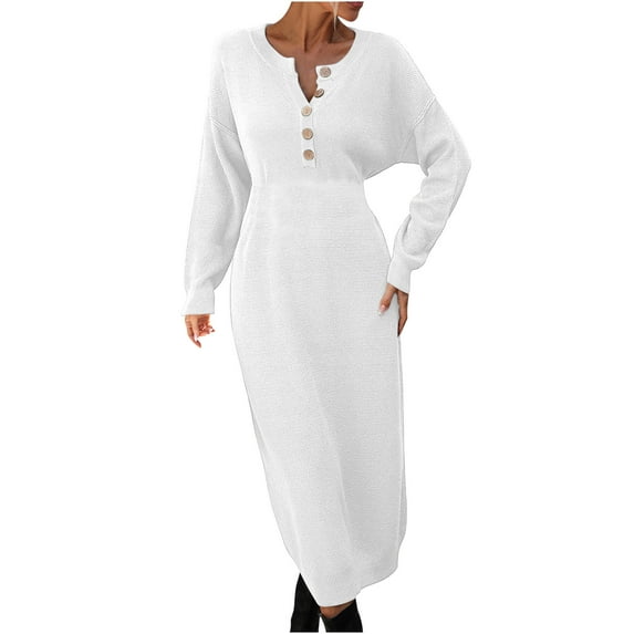 IROINNID Bodycon Dress for Women Style Button Knitted V-neck Knee Length Sexy Sweater Dress,White