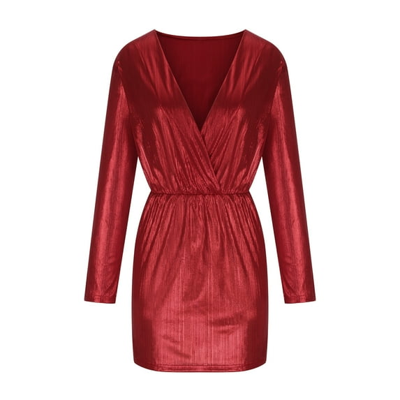 IROINNID Bodycon Dress for Women Thigh-Length Strapless V-neck Long Sleeve Solid Mini Dress Formal Dress ,Red