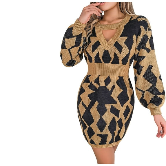 IROINNID Bodycon Dress for Women and Winter Collar Off-Shoulder Lantern Sleeve Knitted Sweater Dress Sales,Khaki