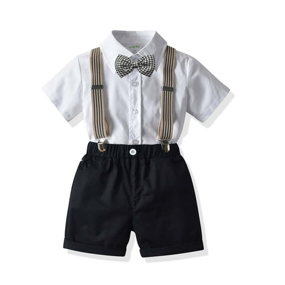 IROINNID Boy's Gentlemen Summer Short Sleeve Top Strap Shorts Tie Four-Pieces Solid Set