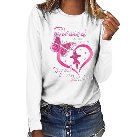 IROINNID Breast Cancer Pullover for Women Breast Cancer Awareness Casual Top Long Sleeve Sweatshirt Pullover Blouse,White