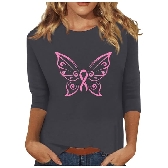 IROINNID Breast Cancer Pullover for Women Breast Cancer Awareness Comfy Printed Loose T-shirt 3/4 Sleeves Blouse Round Neck Tops,Gray