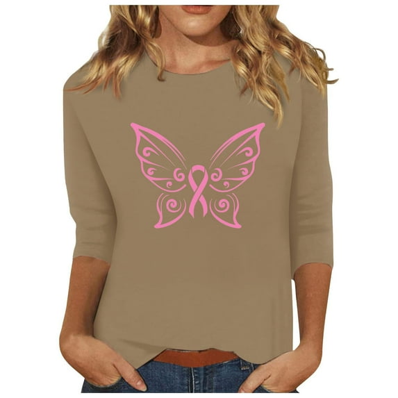 IROINNID Breast Cancer Pullover for Women Breast Cancer Awareness Comfy Printed Loose T-shirt 3/4 Sleeves Blouse Round Neck Tops,Khaki