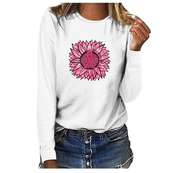 IROINNID Breast Cancer Pullover for Women Breast Cancer Awareness Loose O-Neck Printing Loose Long Sleeve Tops,White