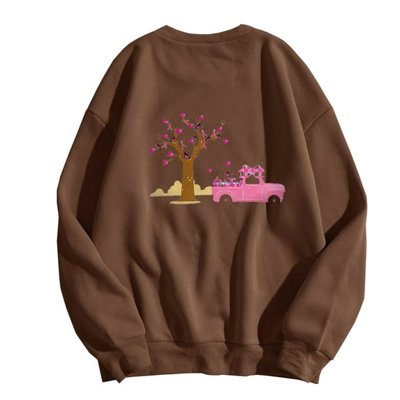 IROINNID Breast Cancer Sweatshirt for Women Breast Cancer Awareness Comfy Round Neck Cure Printing Harajuku Style Long Sleeve Sweatshirts Tops,Brown