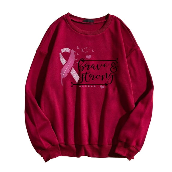 IROINNID Breast Cancer Sweatshirt for Women Pink Ribbon Loose Round Neck Cure Printing Harajuku Style Long Sleeve Sweatshirts Tops,Red