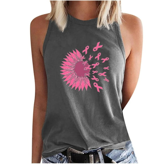 IROINNID Breast Cancer Tank for Women Breast Cancer Awareness Casual Sleeveless Printed Ladies Round Neck Blouses Tops T-Shirt,Gray