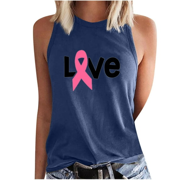 IROINNID Breast Cancer Tank for Women Breast Cancer Awareness Casual Sleeveless Printed Ladies Round Neck Blouses Tops T-Shirt,Navy