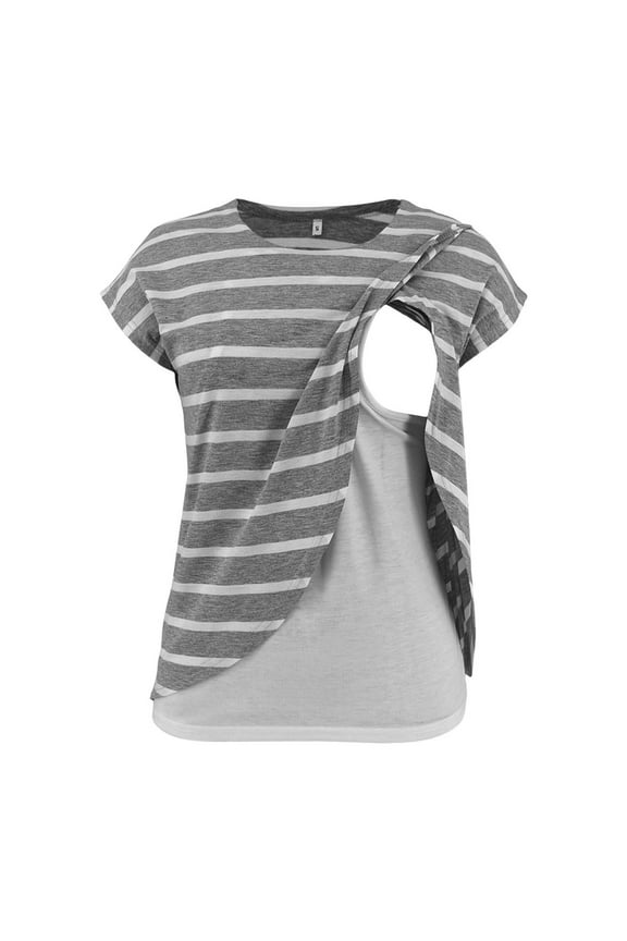 Breast Feeding Top for Women Pregnant Clothes Striped Fashion Multi-layer Wrap Breastfeeding Top,Gray