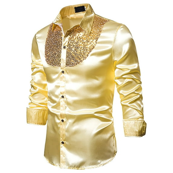 IROINNID Button Down Shirts for Men Autumn And Winter Sequins Shirt Long Sleeve Top,Gold