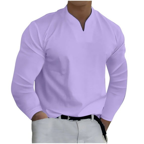 IROINNID Button Down Shirts for Men Shirt Solid Long Sleeve V-Neck Pullover Blouse Tops,Purple