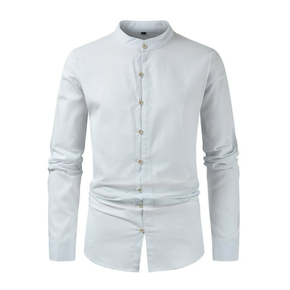 IROINNID Button Down Shirts for Men Solid Stand Collar Pocket Button Long Sleeve Shirt Blouse,White