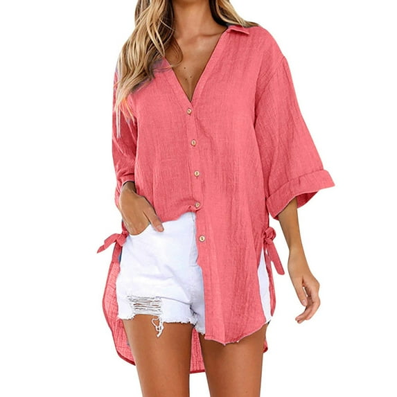 IROINNID Button Shirt for Women Single Breasted Tops Fit Oversize Loose Shirts With Pocket,Watermelon Red