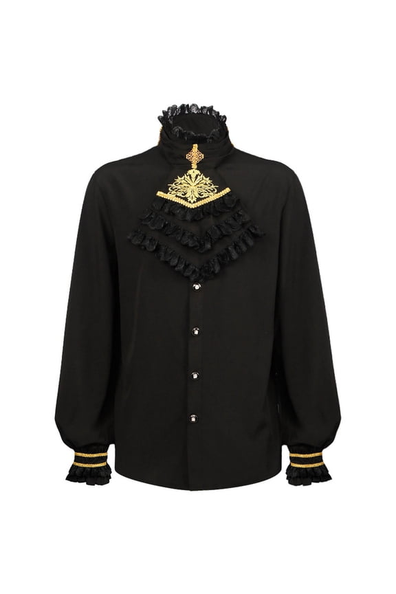 Button Up Shirts for Men Pleated Shirt Medieval Stage Court Ruffled Edge Long Sleeved Standing Collar Shirt Pleated Cuffs With Shirt Top Blouse,Black