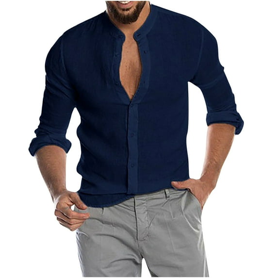 IROINNID Button Up Shirts for Men Button V-Neck Long Sleeve T-Shirt Autumn Solid Loose Blouse Tops,Dark Blue