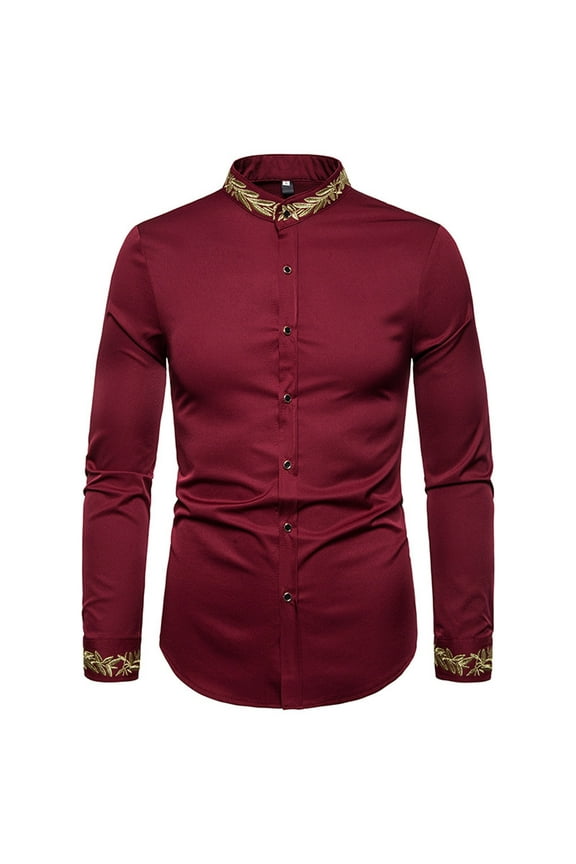 Button Up Shirts for Men Buttons Stand-up Collar Embroidered Long Sleeve Blouse Shirt,Burgundy