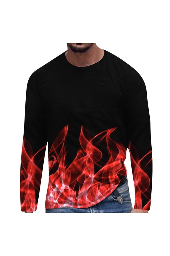 Button Up Shirts for Men New Flame Long Sleeve 3D Printing T-shirt Loose Round Neck Pullover Undercoat Top Blouses & Shirts,Red